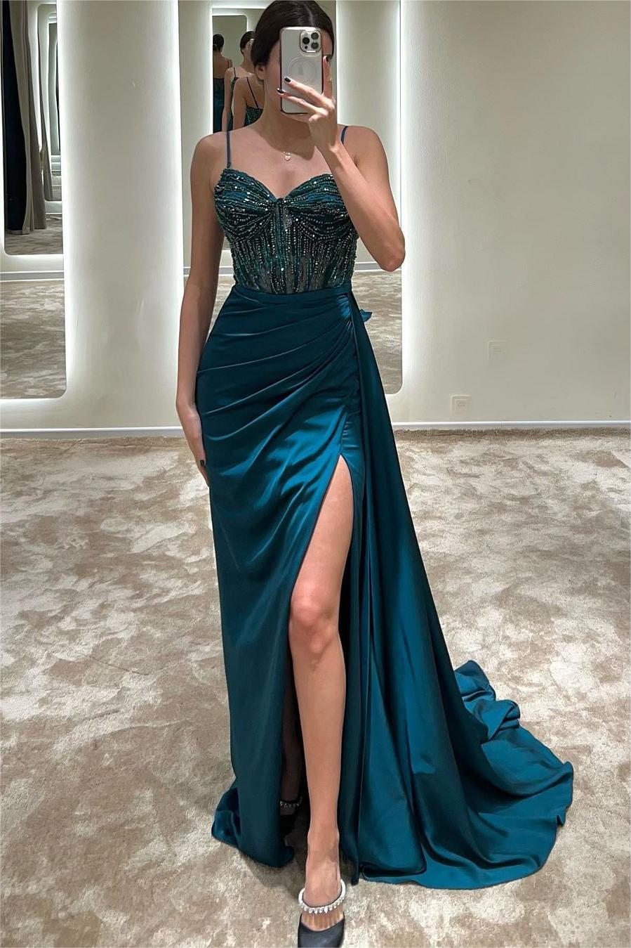 Blue Mermaid Prom Dress Sleeveless Spaghetti Straps Formal Dress With Beadings and Rhinestones