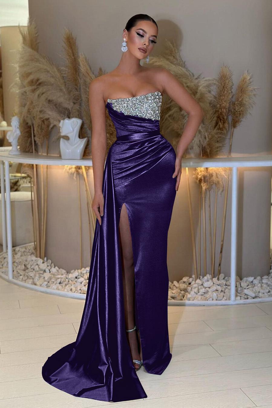 Blue Mermaid Prom Dress Sleeveless Strapless Formal Dress With Beadings