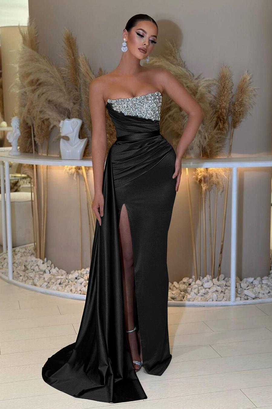 Blue Mermaid Prom Dress Sleeveless Strapless Formal Dress With Beadings