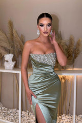Blue Mermaid Prom Dress Sleeveless Strapless Formal Dress With Beadings