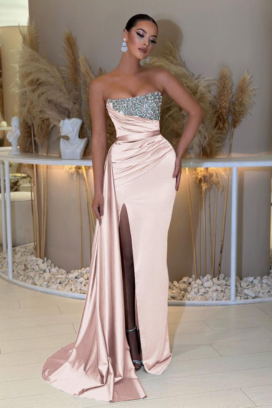 Blue Mermaid Prom Dress Sleeveless Strapless Formal Dress With Beadings