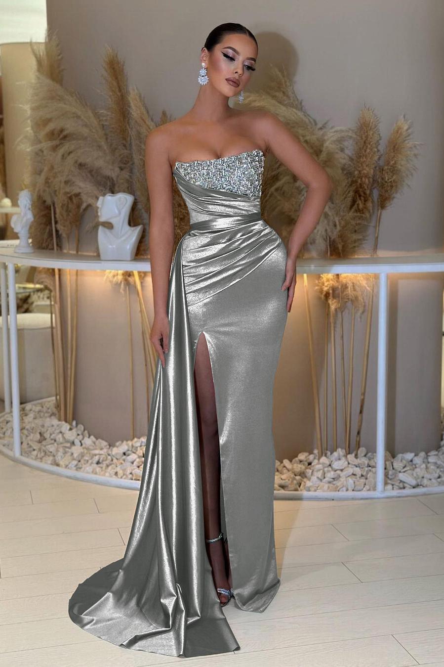 Blue Mermaid Prom Dress Sleeveless Strapless Formal Dress With Beadings
