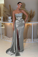 Blue Mermaid Prom Dress Sleeveless Strapless Formal Dress With Beadings
