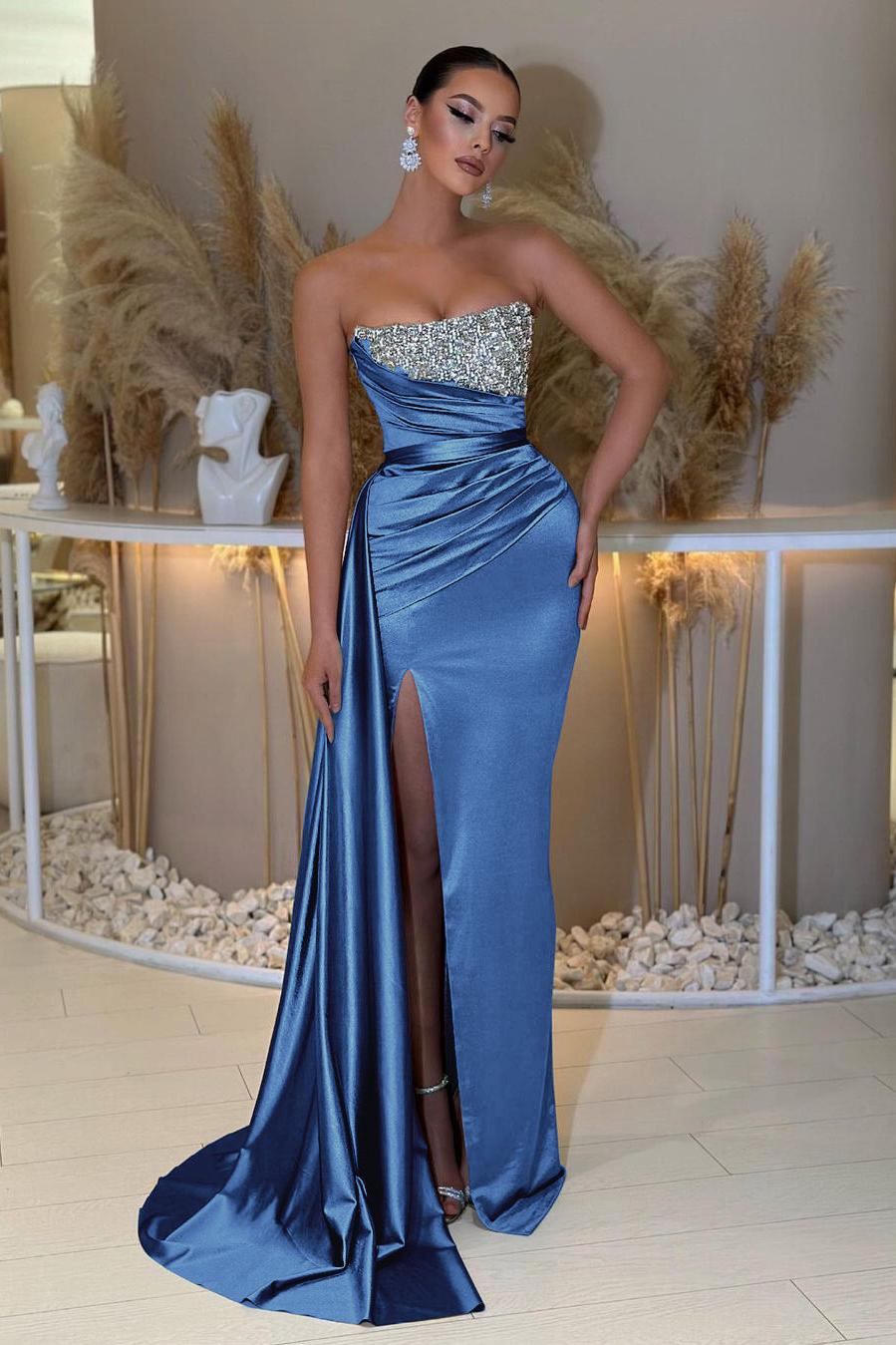 Blue Mermaid Prom Dress Sleeveless Strapless Formal Dress With Beadings