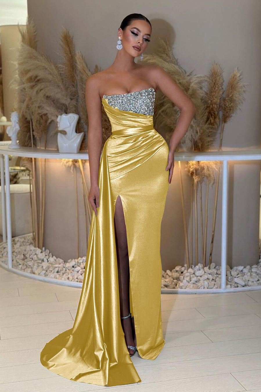 Blue Mermaid Prom Dress Sleeveless Strapless Formal Dress With Beadings