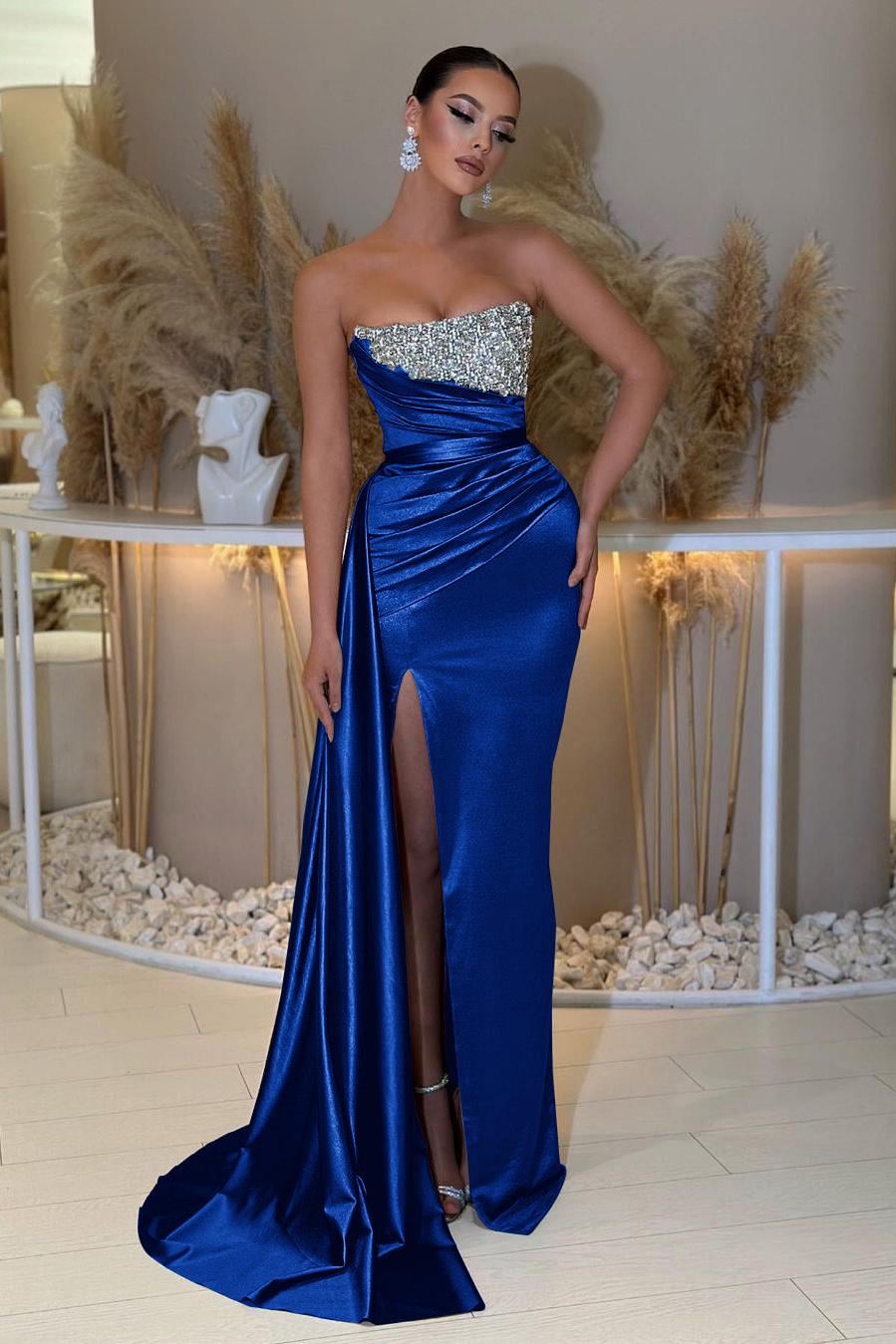 Blue Mermaid Prom Dress Sleeveless Strapless Formal Dress With Beadings