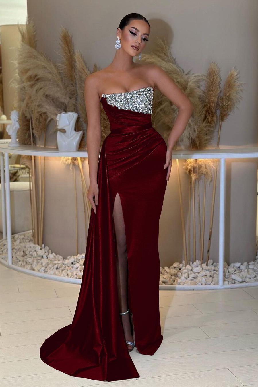 Blue Mermaid Prom Dress Sleeveless Strapless Formal Dress With Beadings