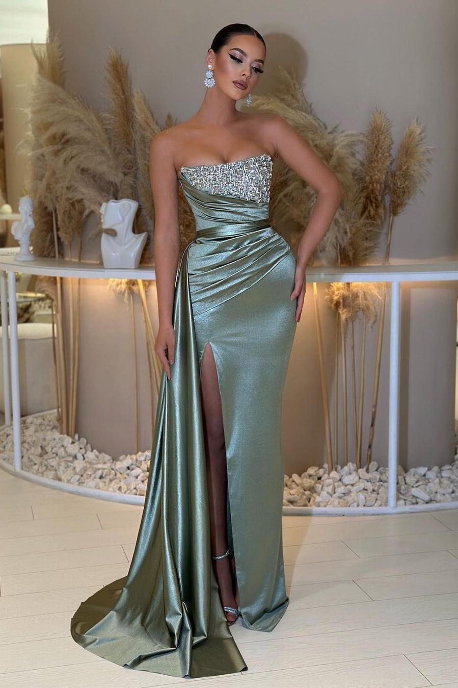 Blue Mermaid Prom Dress Sleeveless Strapless Formal Dress With Beadings