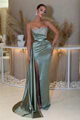 Blue Mermaid Prom Dress Sleeveless Strapless Formal Dress With Beadings