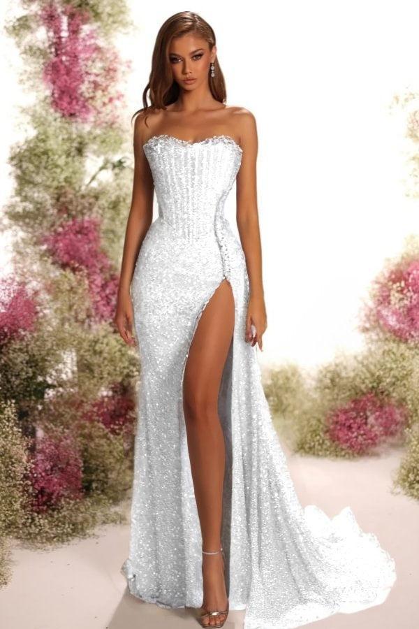 Blue Mermaid Prom Dress Sleeveless Strapless Formal Dress With Sequins