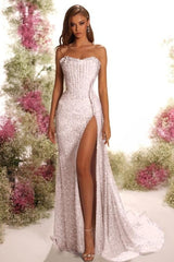 Blue Mermaid Prom Dress Sleeveless Strapless Formal Dress With Sequins