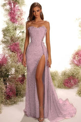 Blue Mermaid Prom Dress Sleeveless Strapless Formal Dress With Sequins