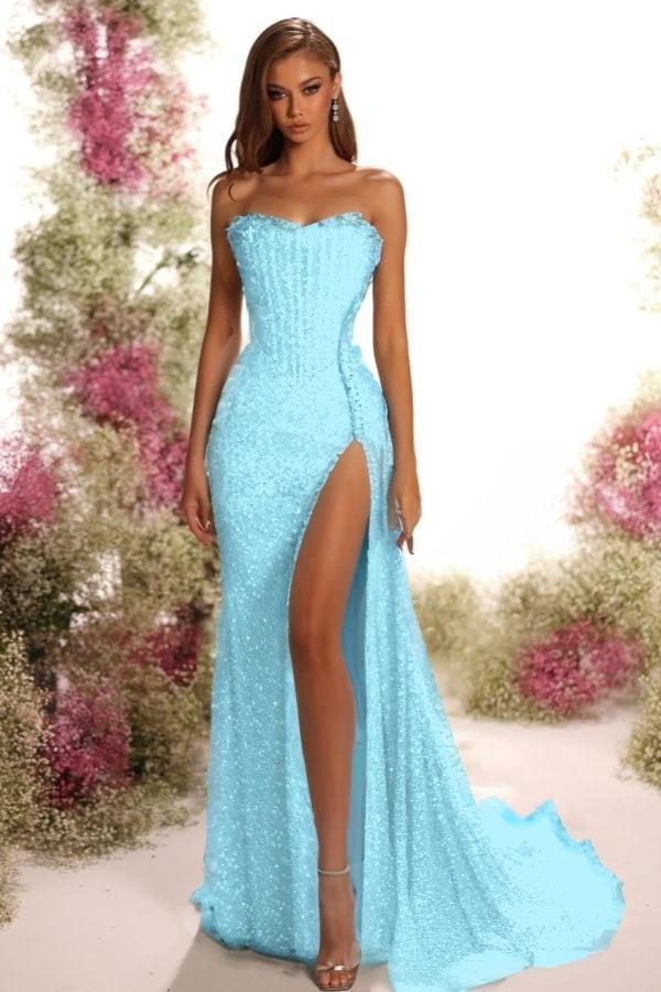 Blue Mermaid Prom Dress Sleeveless Strapless Formal Dress With Sequins