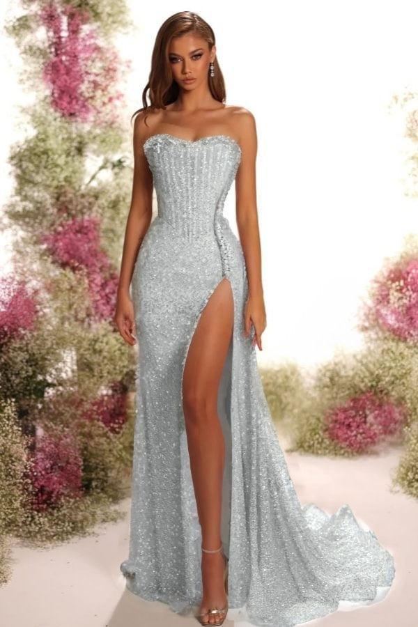 Blue Mermaid Prom Dress Sleeveless Strapless Formal Dress With Sequins