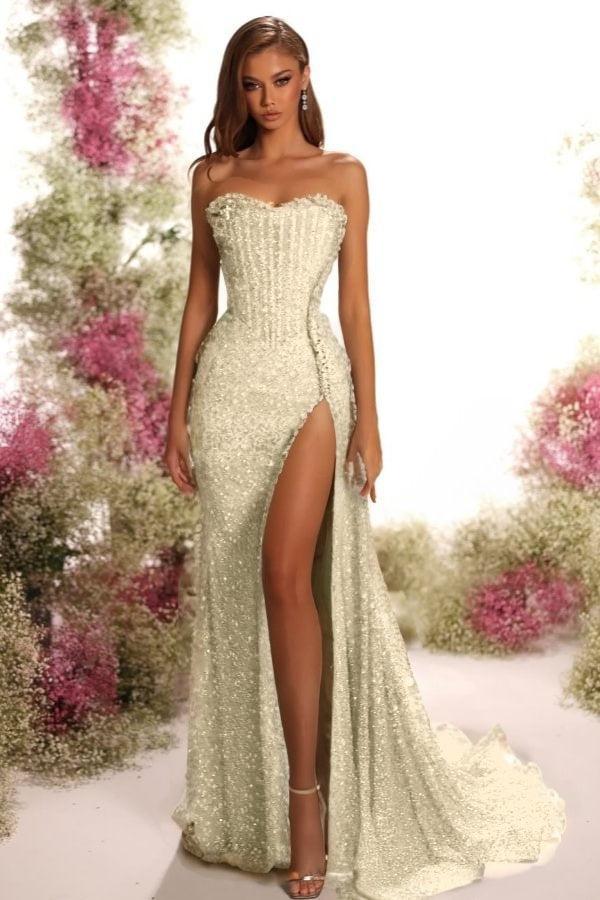Blue Mermaid Prom Dress Sleeveless Strapless Formal Dress With Sequins