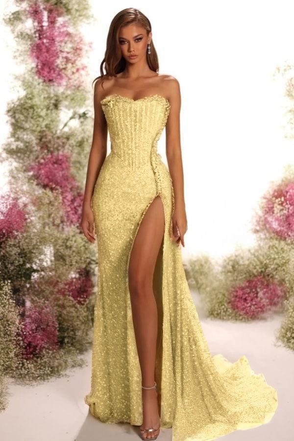 Blue Mermaid Prom Dress Sleeveless Strapless Formal Dress With Sequins