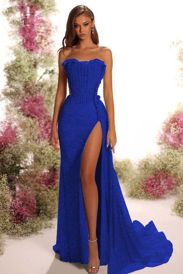 Blue Mermaid Prom Dress Sleeveless Strapless Formal Dress With Sequins
