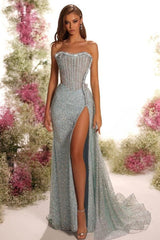 Blue Mermaid Prom Dress Sleeveless Strapless Formal Dress With Sequins