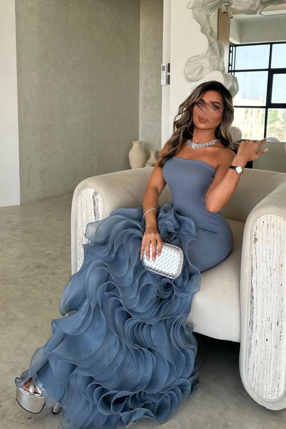 Blue Mermaid Prom Dress Sleeveless Strapless Ruffled Organza Formal Dress