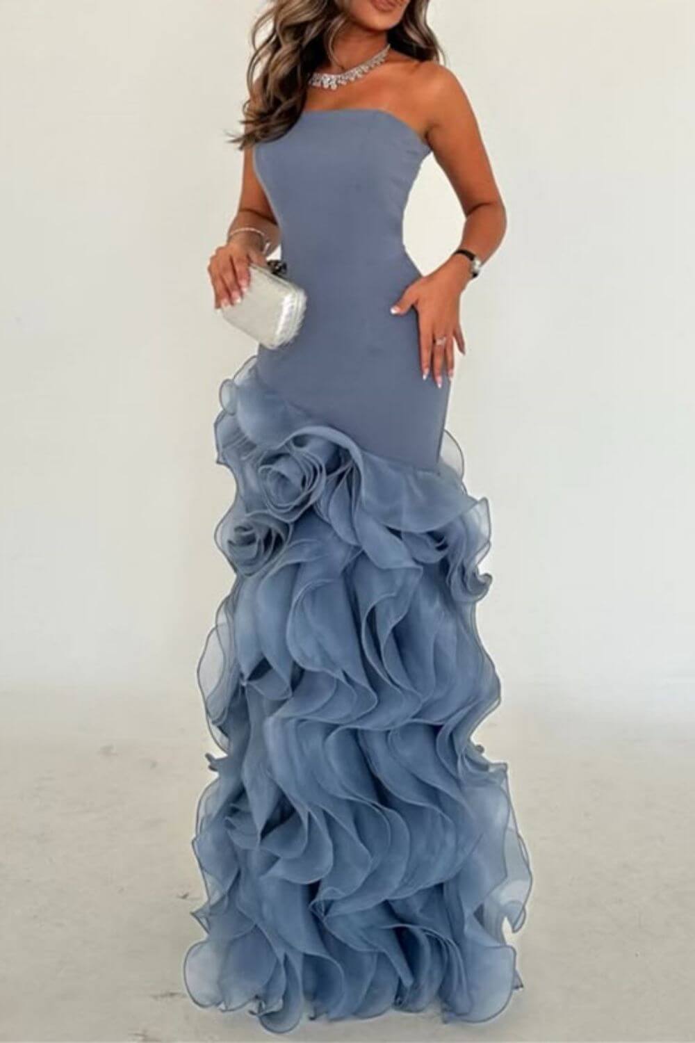 Blue Mermaid Prom Dress Sleeveless Strapless Ruffled Organza Formal Dress