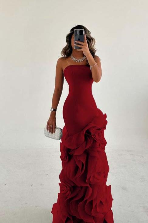 Blue Mermaid Prom Dress Sleeveless Strapless Ruffled Organza Formal Dress
