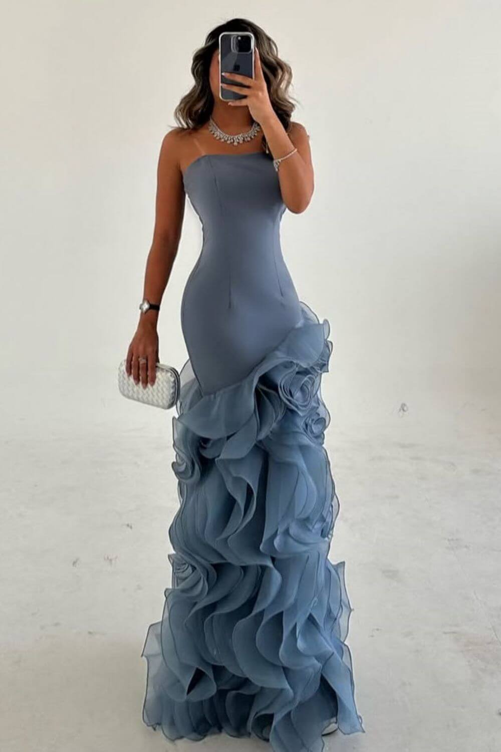 Blue Mermaid Prom Dress Sleeveless Strapless Ruffled Organza Formal Dress