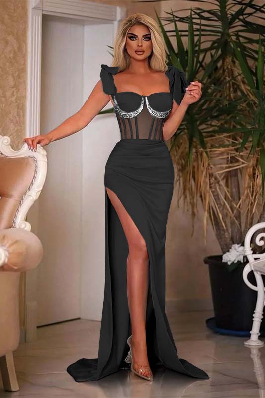 Blue Mermaid Prom Dress Sleeveless Straps Formal Dress With Beadings and Rhinestones