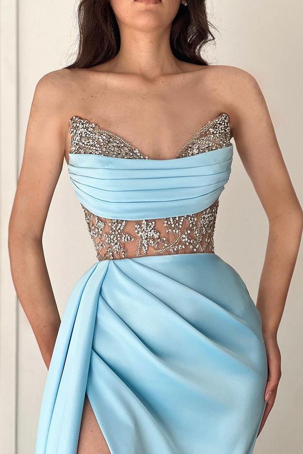Blue Mermaid Prom Dress Sleeveless Sweetheart Formal Dress With Beadings and Rhinestones