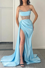 Blue Mermaid Prom Dress Sleeveless Sweetheart Formal Dress With Beadings and Rhinestones