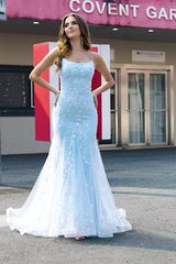 Blue Mermaid Prom Dress Spaghetti Straps Appliqued Long Evening Dress