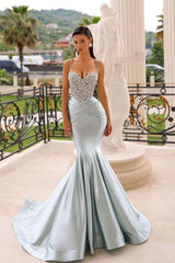 Blue Mermaid Prom Dress Spaghetti Straps Formal Dress With Beadings and Rhinestones