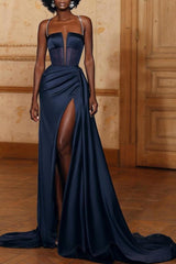 Blue Mermaid Prom Dress Spaghetti Straps Formal Dress With Beadings