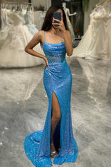 Blue Mermaid Prom Dress Square Neck Long Evening Dress With Slit
