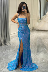 Blue Mermaid Prom Dress Square Neck Long Evening Dress With Slit