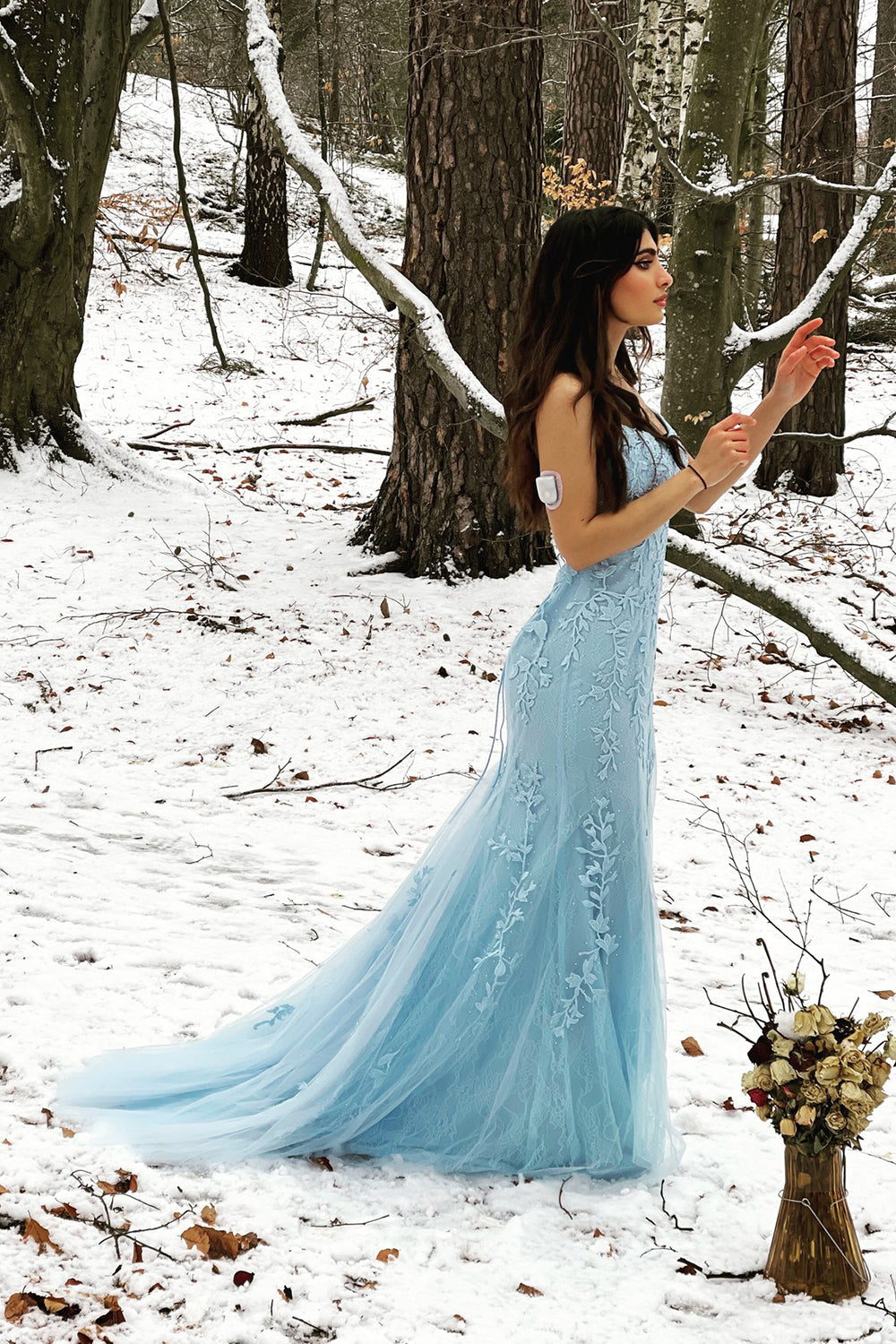 Blue Mermaid Prom Dress Tulle Backless Long Evening Dress with Lace