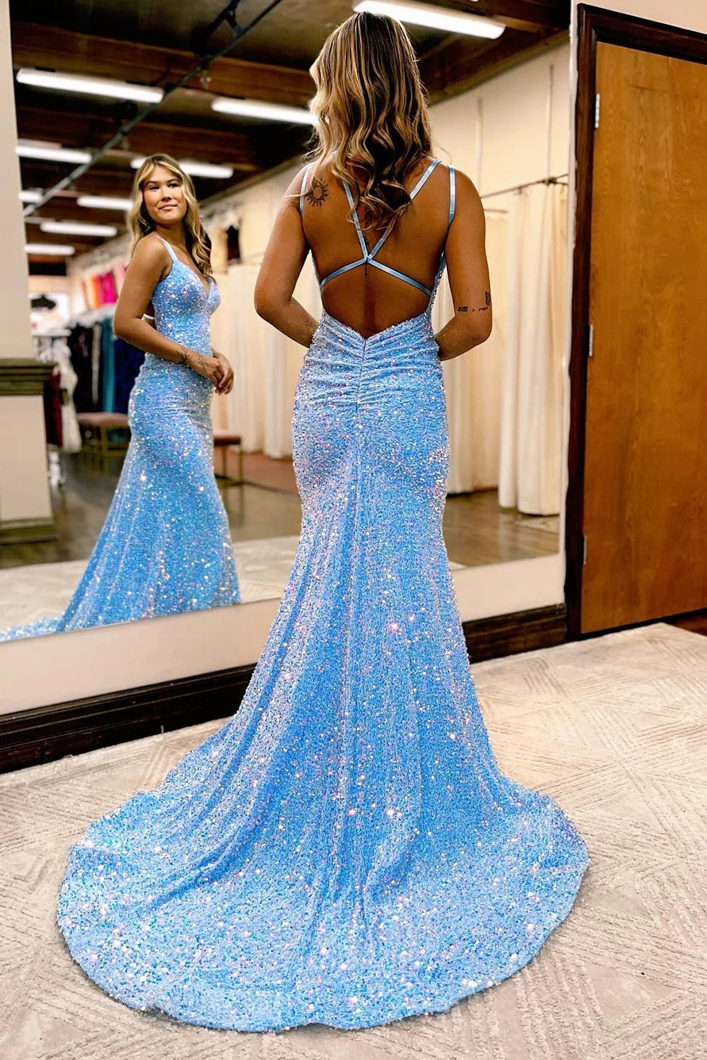 Blue Mermaid Sequined Long Backless Prom Dress