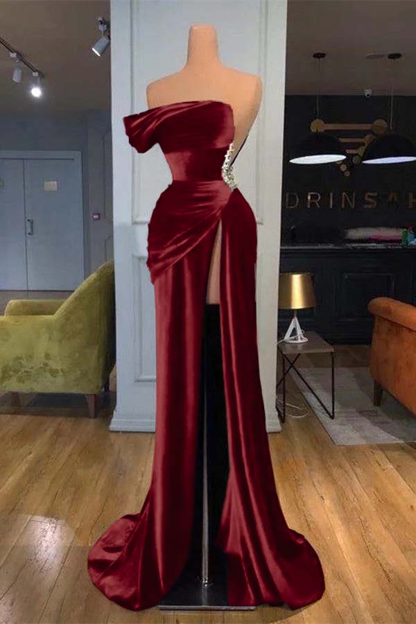 Blue Mermaid Velvet Dress Cap Sleeve One Shoulder Formal Dress With Beadings and Rhinestones