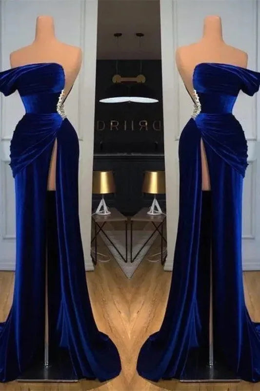 Blue Mermaid Velvet Dress Cap Sleeve One Shoulder Formal Dress With Beadings and Rhinestones
