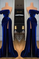 Blue Mermaid Velvet Dress Cap Sleeve One Shoulder Formal Dress With Beadings and Rhinestones