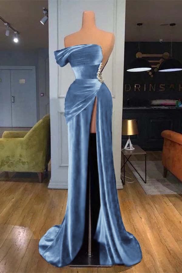 Blue Mermaid Velvet Dress Cap Sleeve One Shoulder Formal Dress With Beadings and Rhinestones