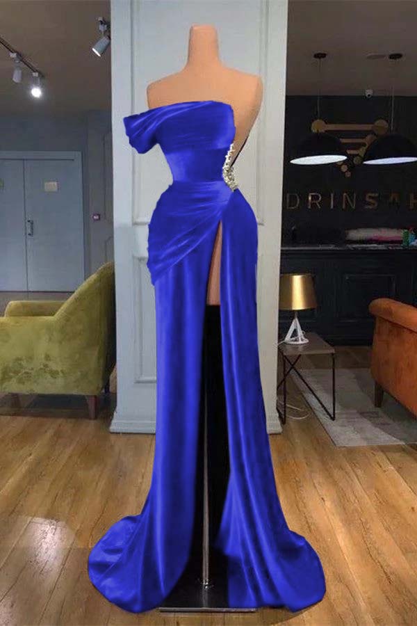Blue Mermaid Velvet Dress Cap Sleeve One Shoulder Formal Dress With Beadings and Rhinestones