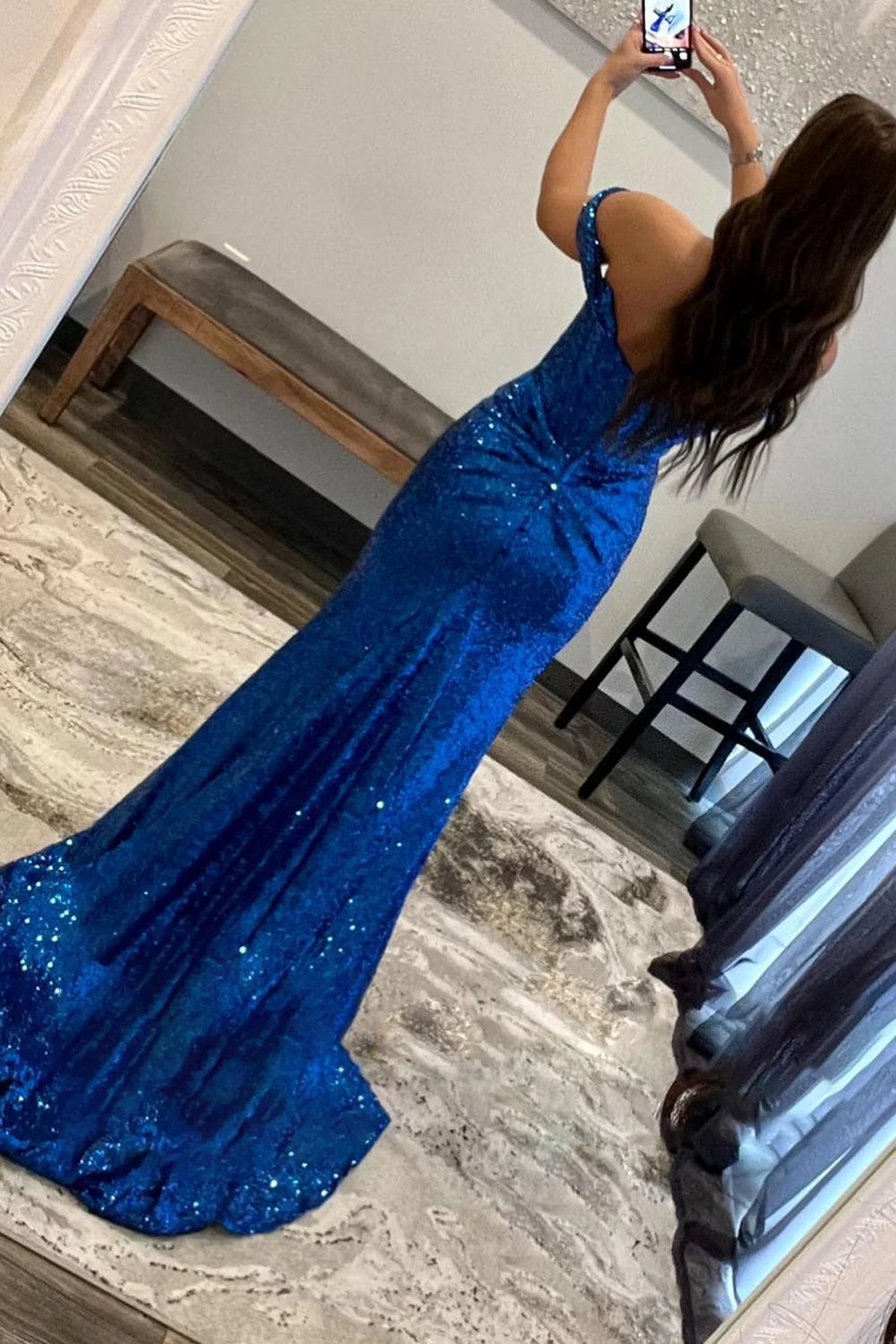Blue Off the Shoulder Prom Dress Mermaid Evening Dress with Slit