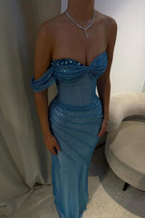 Blue One-Shoulder Mermaid Prom Dress With Ruched Detailing Formal Evening Gown