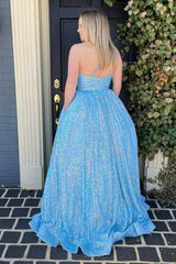 Blue One Shoulder Prom Dress A Line Sequins Evening Dress