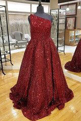 Blue One Shoulder Prom Dress A Line Sequins Evening Dress
