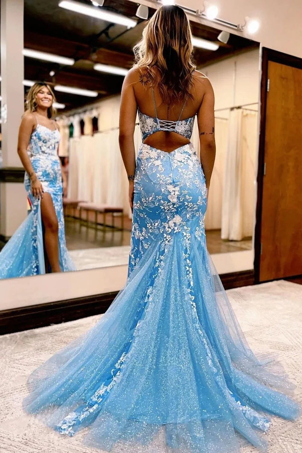 Blue Open Back Prom Dress Mermaid Lace Evening Dress with Slit