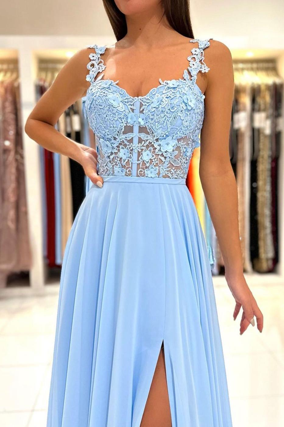 Blue Prom Dress A Line Chiffon Lace Long Formal Dress Evening Dress