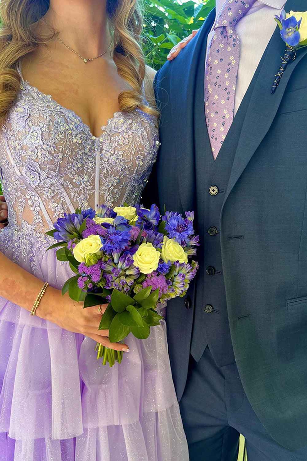 Blue Prom Dress A-Line Corset Long Tulle Tiered Evening Dress with Lace