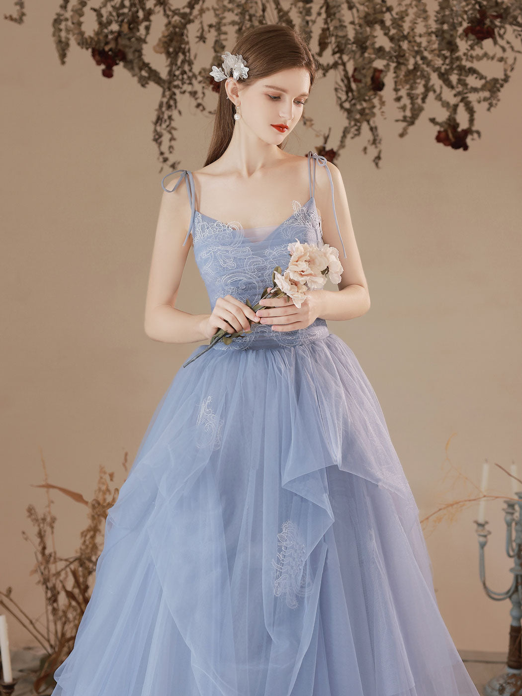 Blue Prom Dress A Line Tulle Lace Long Formal Evening Dress