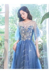 Blue Prom Dress A Line Tulle Sequin Long Formal Evening Dress
